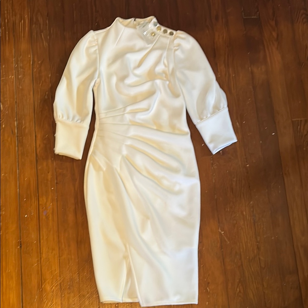 New York & Company Cream Sheath Dress with Puff Sleeves and Mock Neck